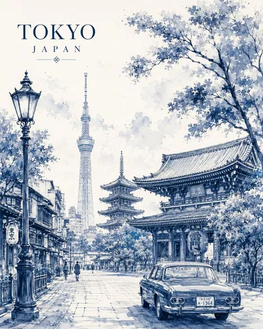 水彩風の東京旅行ポスター